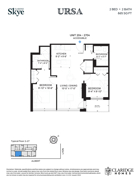 Floor plan for 2 beds, 2 baths, 865 sqft